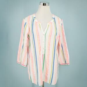 Talbots Size Large L Bright Sensational Stripe Button Popover 3/4 Sleeve Top